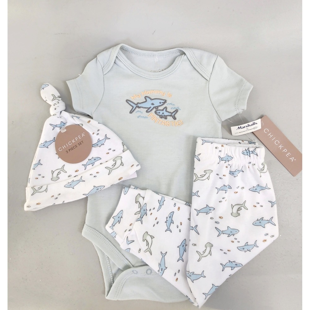 Chickpea 3 Piece Set Kids 6-9M Blue Shark Bodysuit Pants Hat Fintastic